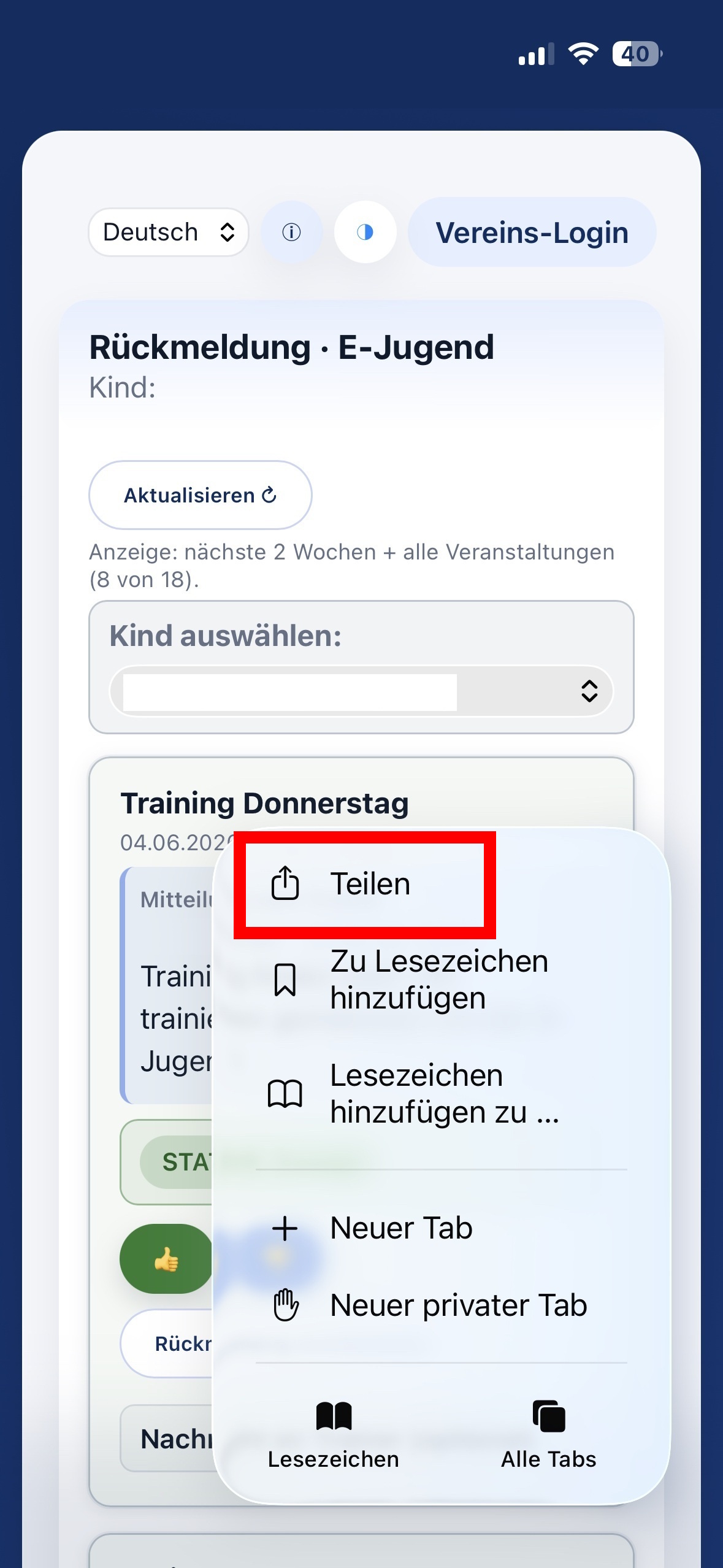 Safari: Teilen-Menü öffnen