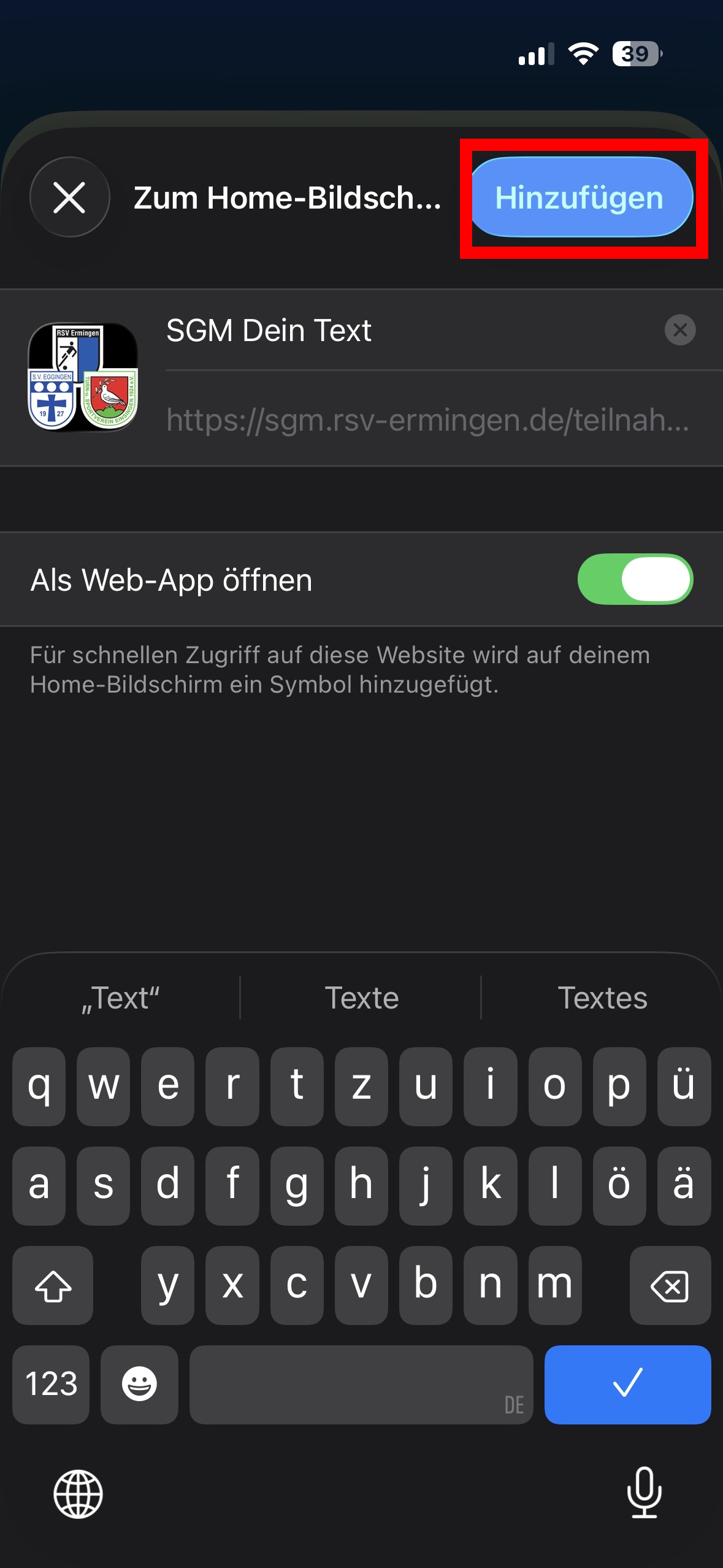 Zum Home-Bildschirm hinzufügen bestätigen