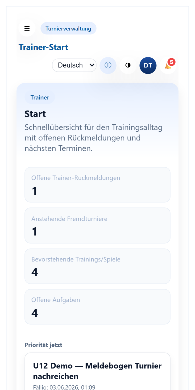 Trainer-Start: Schnellübersicht mit offenen Rückmeldungen und nächsten Terminen