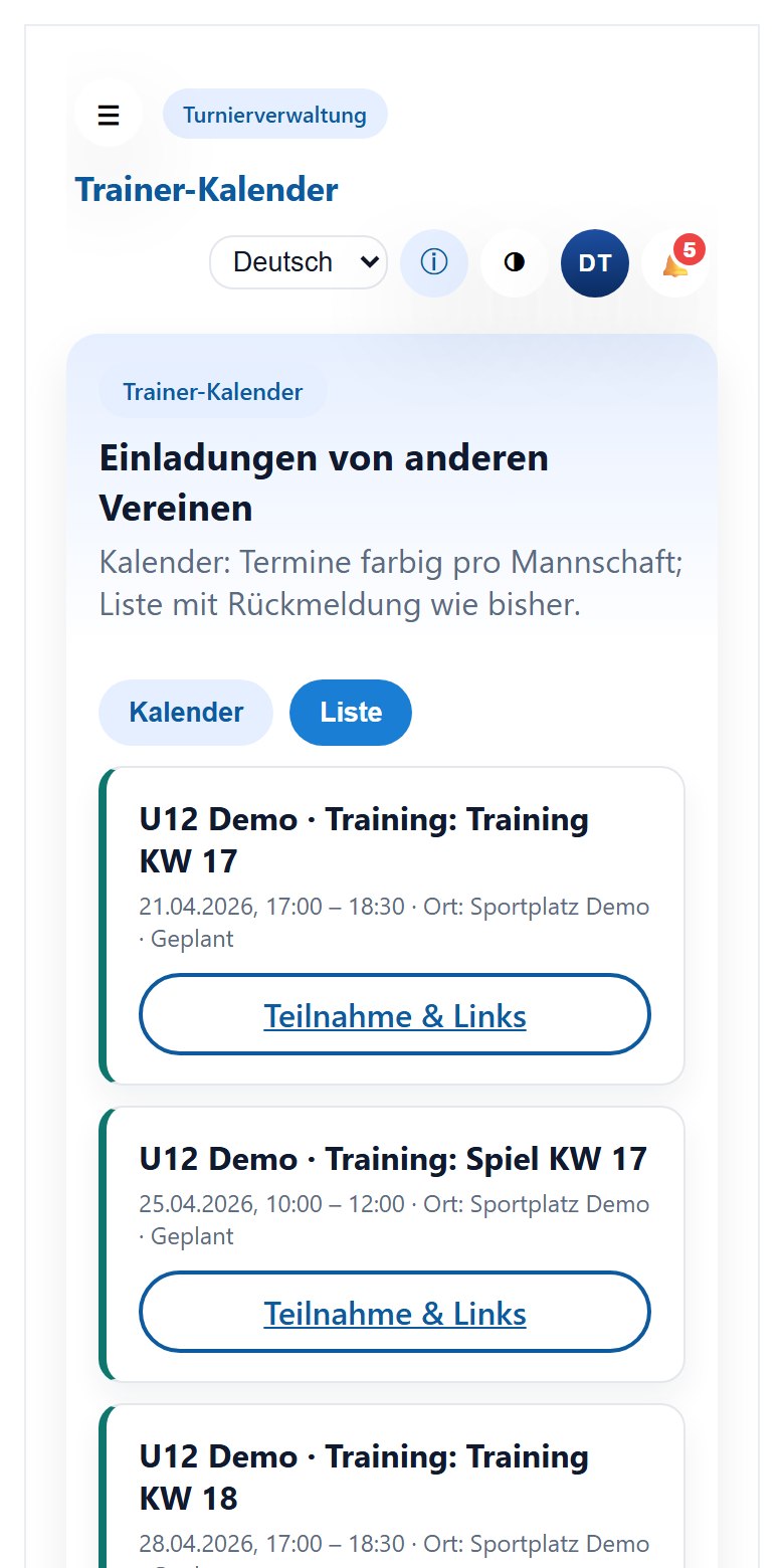 Trainer-Kalender: Einladungen von anderen Vereinen als Liste