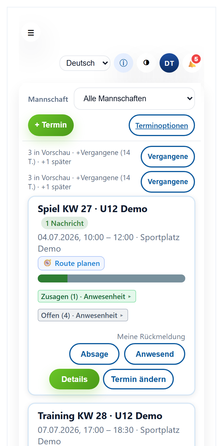 Teilnahmeübersicht: Zusagen und Anwesenheit pro Termin